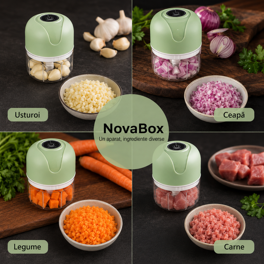 Mini Tocător Electric NovaBox 250 ml – Compact, cu Lame Metalice și Acționare prin Buton, Culoare Verde