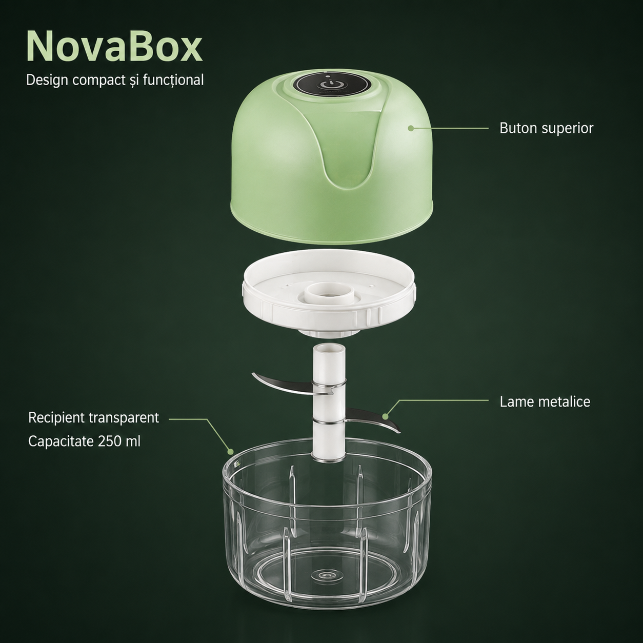 Mini Tocător Electric NovaBox 250 ml – Compact, cu Lame Metalice și Acționare prin Buton, Culoare Verde