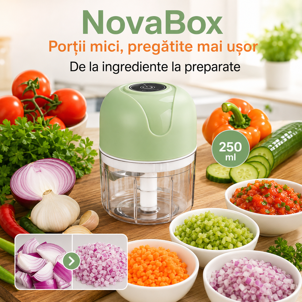 Mini Tocător Electric NovaBox 250 ml – Compact, cu Lame Metalice și Acționare prin Buton, Culoare Verde