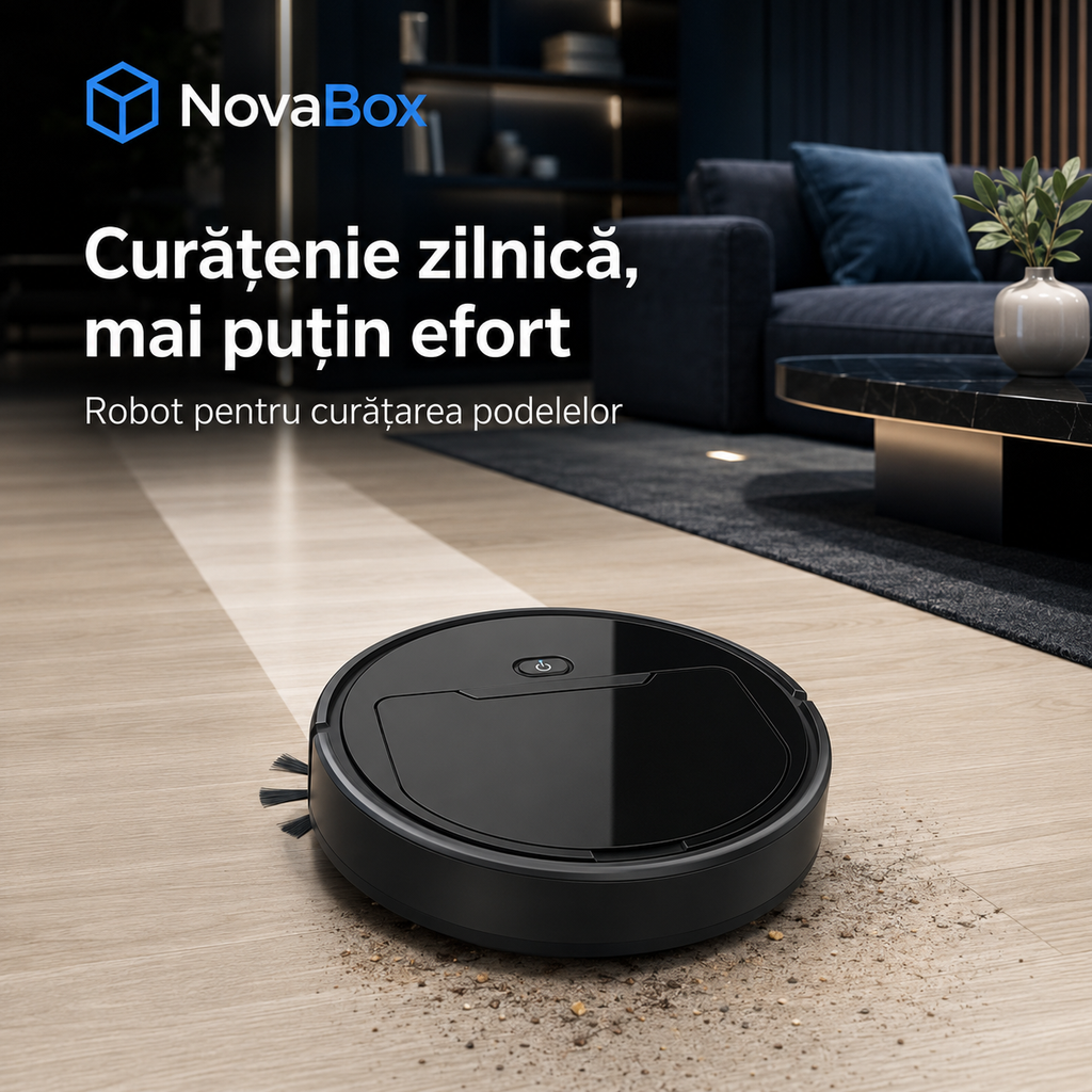 Robot de Curățenie NovaBox – Aspirare, Măturare și Ștergere Umedă, Profil Subțire 6,5 cm, Culoare Neagră