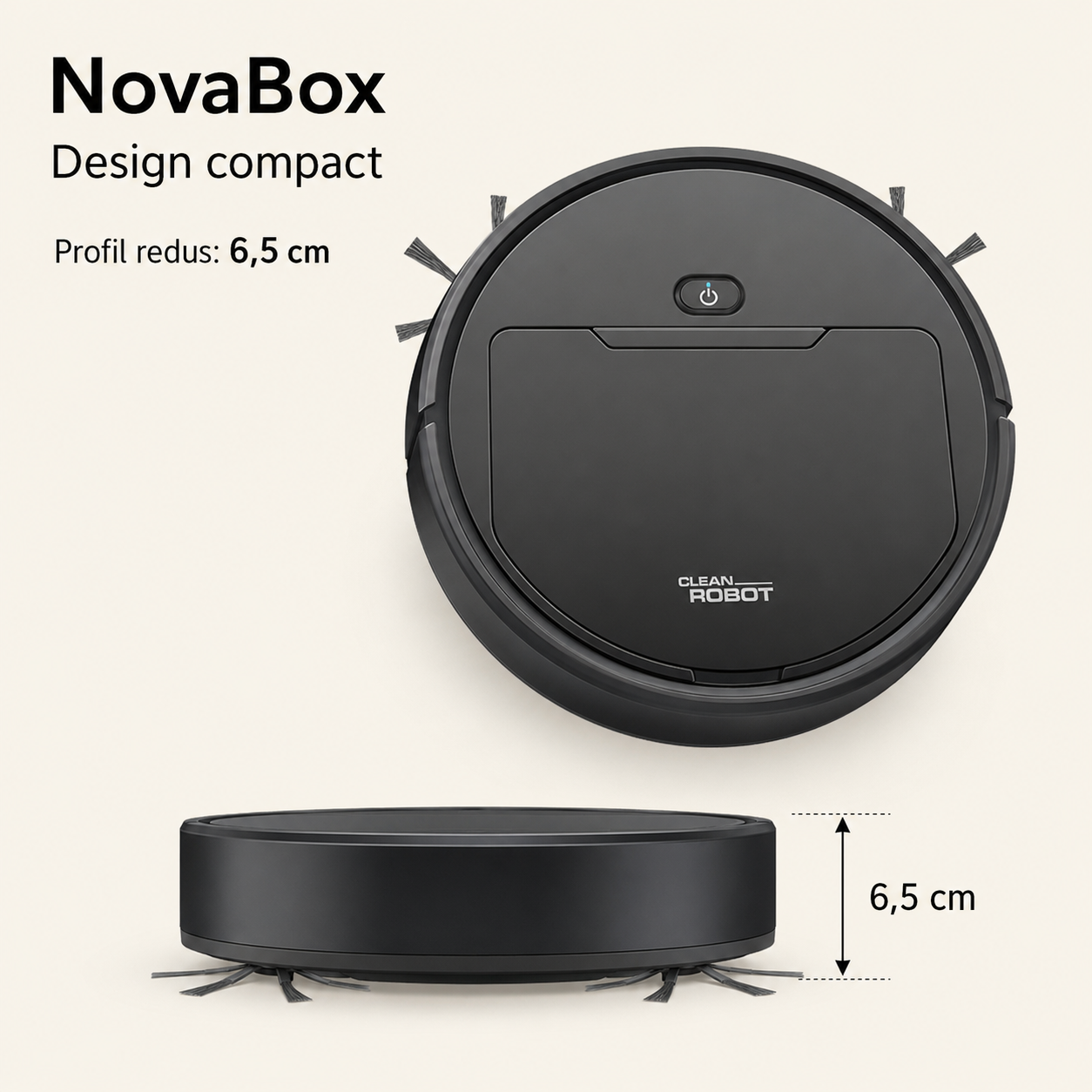 Robot de Curățenie NovaBox – Aspirare, Măturare și Ștergere Umedă, Profil Subțire 6,5 cm, Culoare Neagră