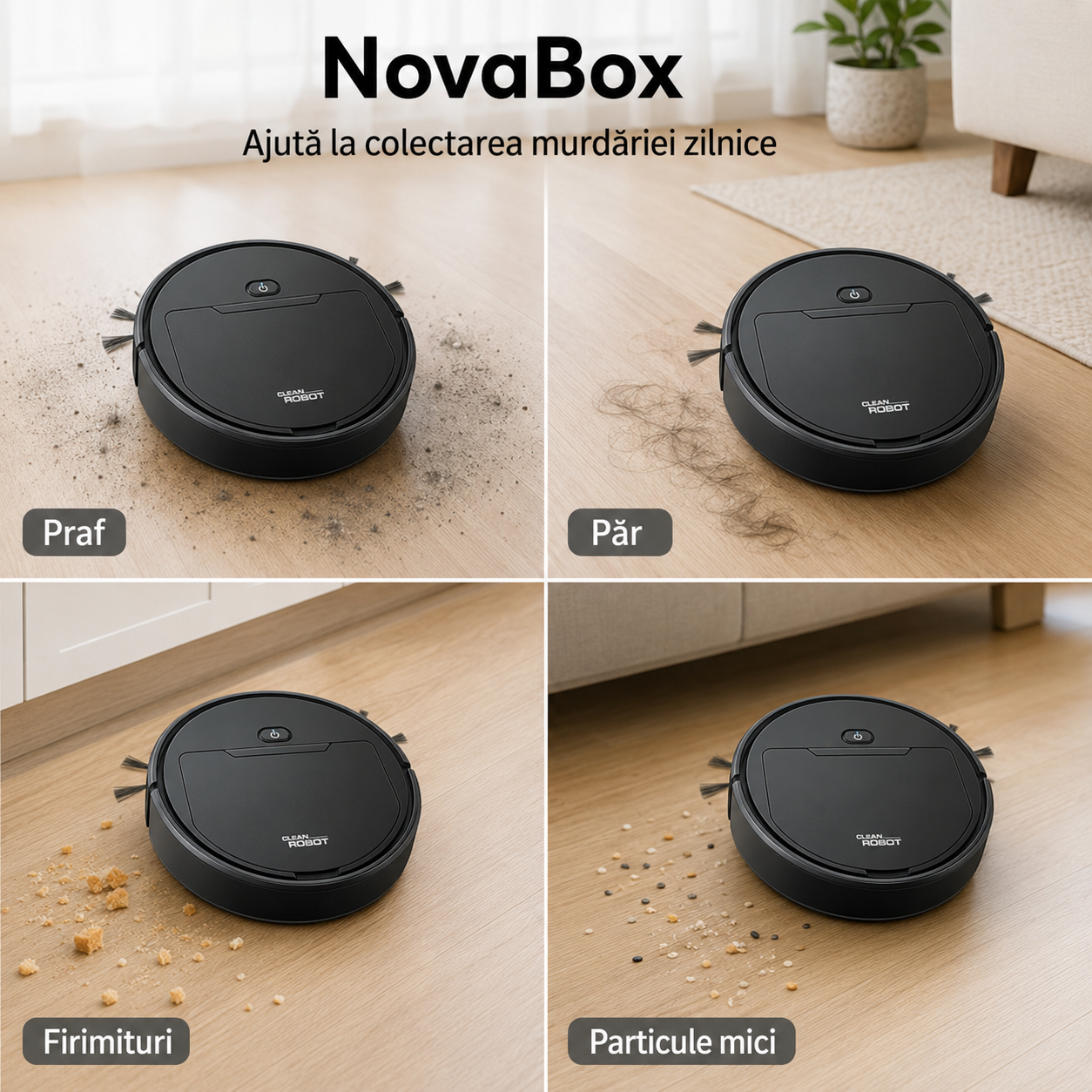 Robot de Curățenie NovaBox – Aspirare, Măturare și Ștergere Umedă, Profil Subțire 6,5 cm, Culoare Neagră
