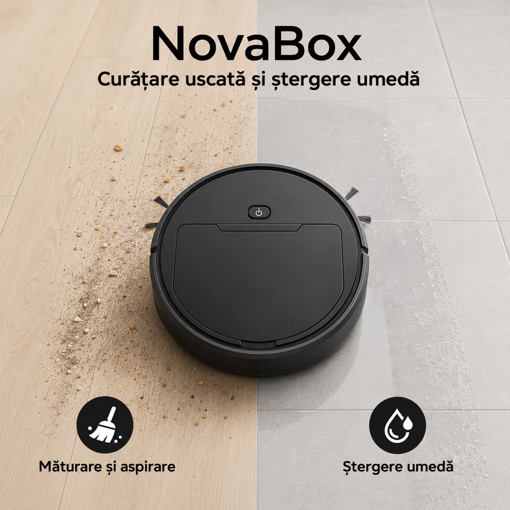 Robot de Curățenie NovaBox – Aspirare, Măturare și Ștergere Umedă, Profil Subțire 6,5 cm, Culoare Neagră