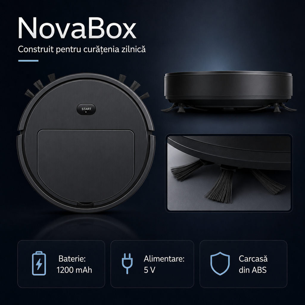 Robot de Curățenie NovaBox – Aspirare, Măturare și Ștergere Umedă, Profil Subțire 6,5 cm, Culoare Neagră