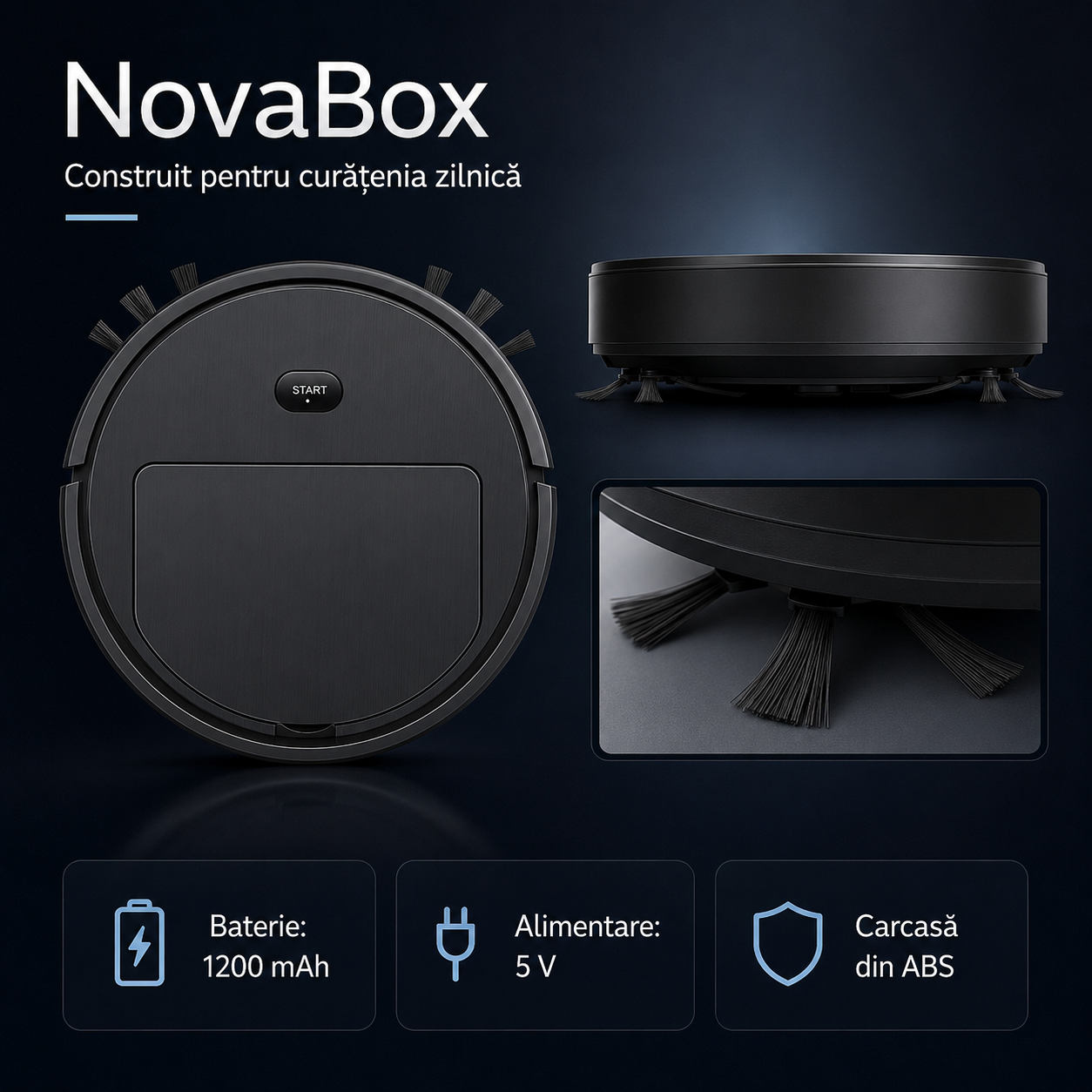 Robot de Curățenie NovaBox – Aspirare, Măturare și Ștergere Umedă, Profil Subțire 6,5 cm, Culoare Neagră