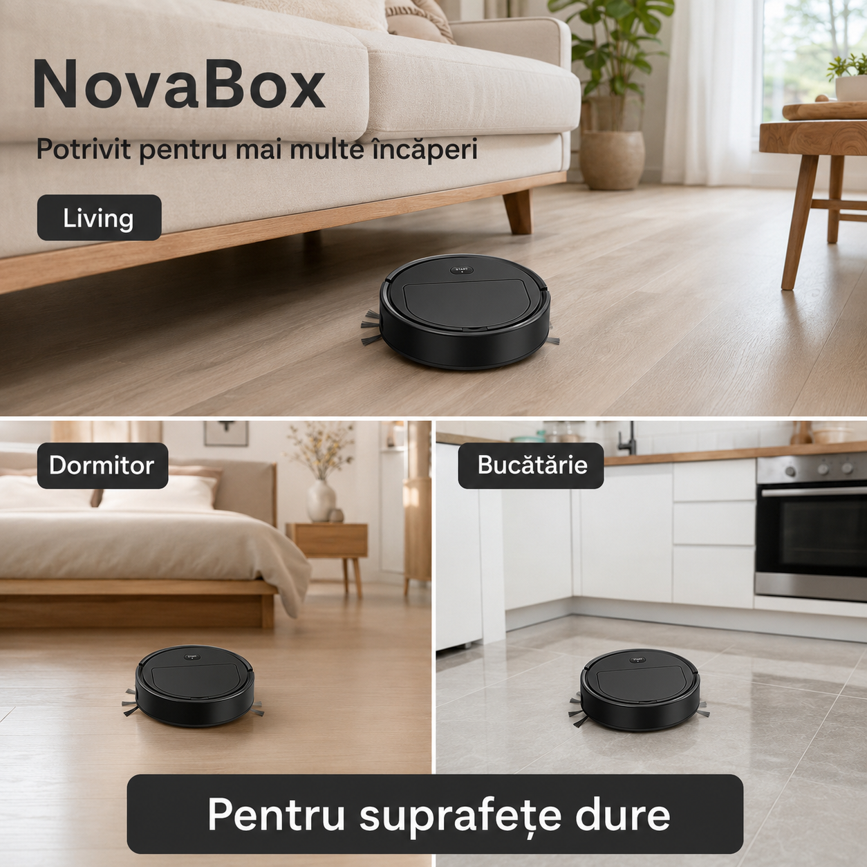 Robot de Curățenie NovaBox – Aspirare, Măturare și Ștergere Umedă, Profil Subțire 6,5 cm, Culoare Neagră