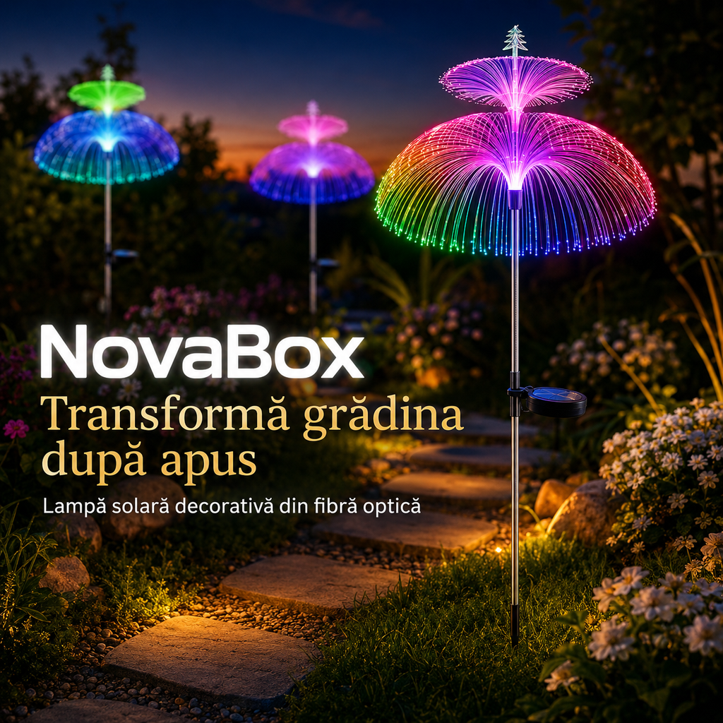 Lampă Solară Decorativă NovaBox 80 cm – Fibră Optică Multicoloră, Aprindere Automată pentru Grădină și Alee