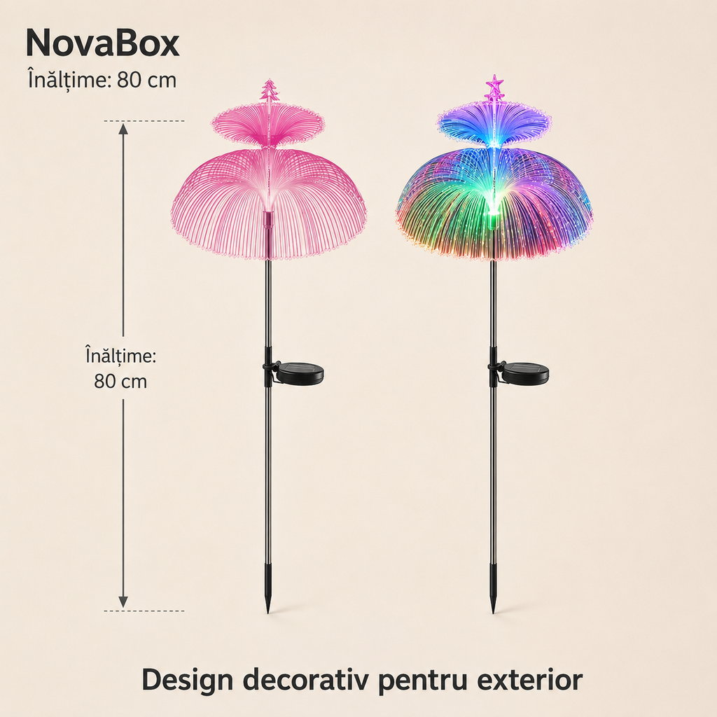 Lampă Solară Decorativă NovaBox 80 cm – Fibră Optică Multicoloră, Aprindere Automată pentru Grădină și Alee