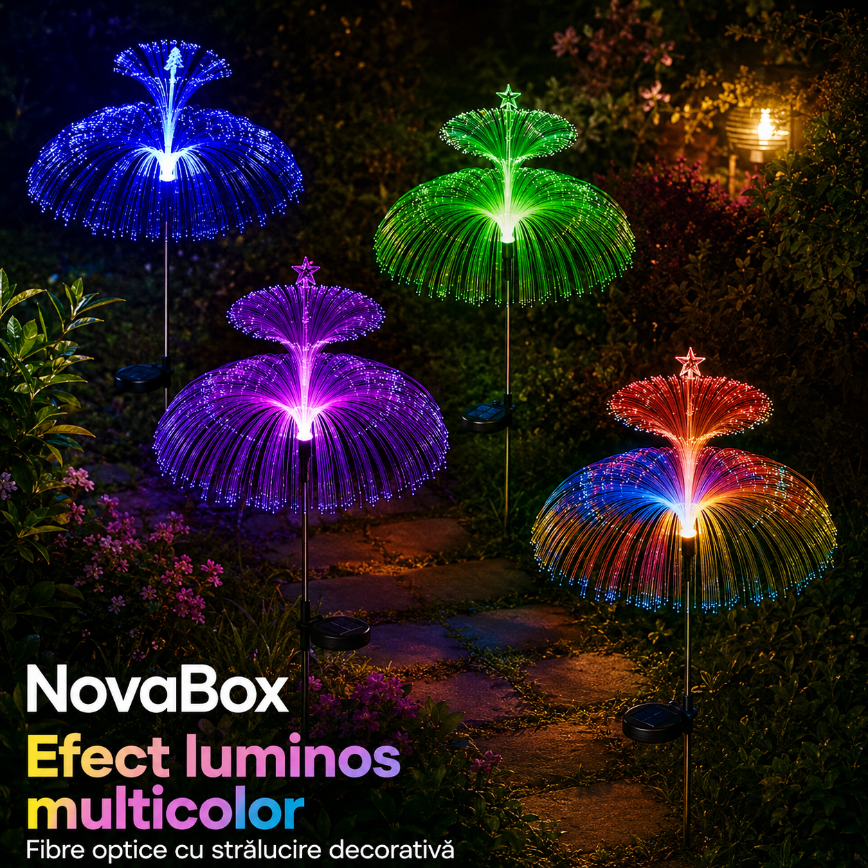 Lampă Solară Decorativă NovaBox 80 cm – Fibră Optică Multicoloră, Aprindere Automată pentru Grădină și Alee