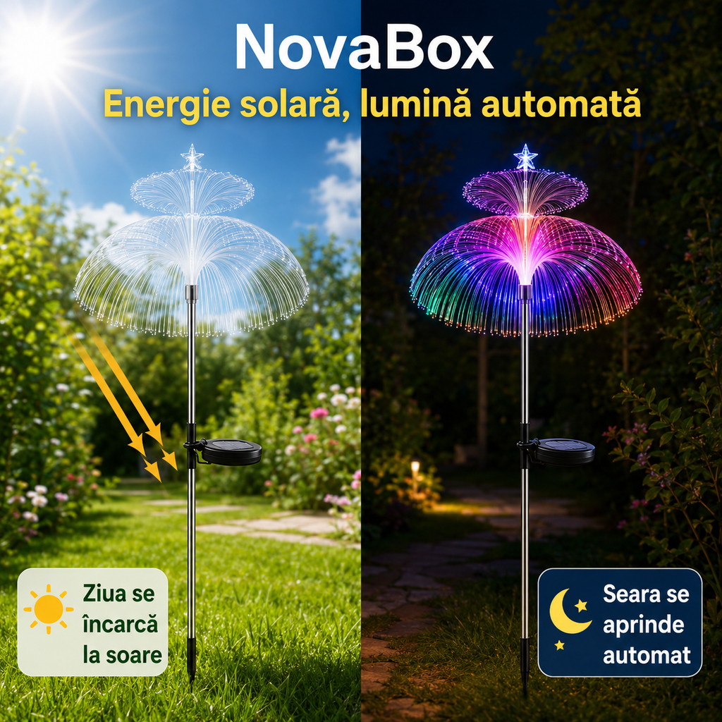 Lampă Solară Decorativă NovaBox 80 cm – Fibră Optică Multicoloră, Aprindere Automată pentru Grădină și Alee