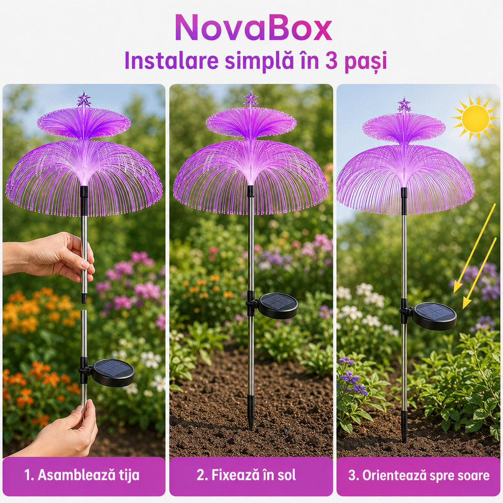 Lampă Solară Decorativă NovaBox 80 cm – Fibră Optică Multicoloră, Aprindere Automată pentru Grădină și Alee