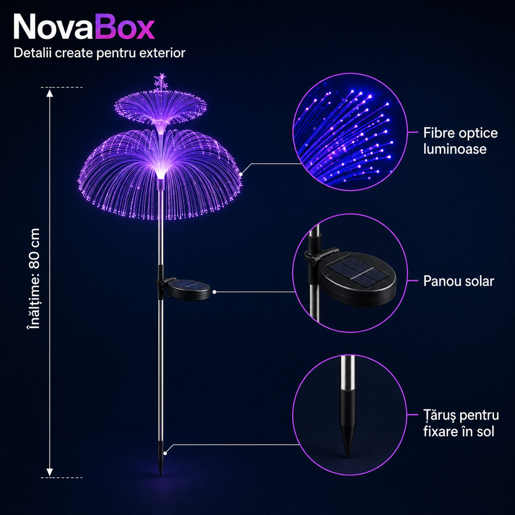 Lampă Solară Decorativă NovaBox 80 cm – Fibră Optică Multicoloră, Aprindere Automată pentru Grădină și Alee