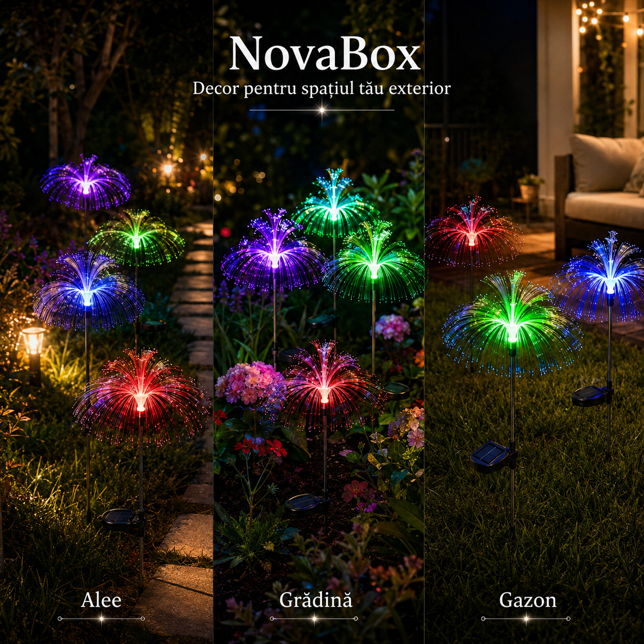 Lampă Solară Decorativă NovaBox 80 cm – Fibră Optică Multicoloră, Aprindere Automată pentru Grădină și Alee