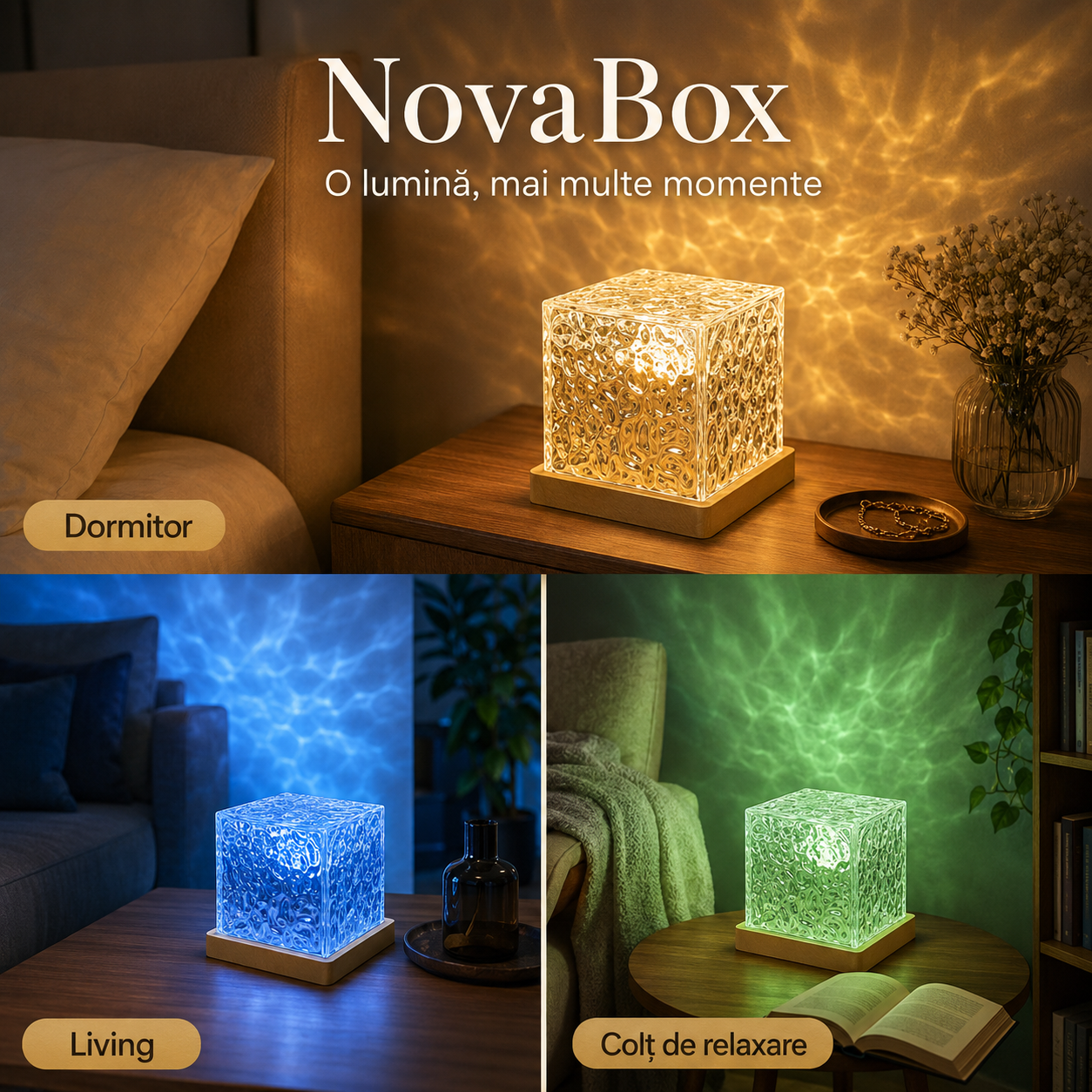 Lampă ambientală LED NovaBox, efect dinamic de valuri, lumină multicoloră, telecomandă inclusă