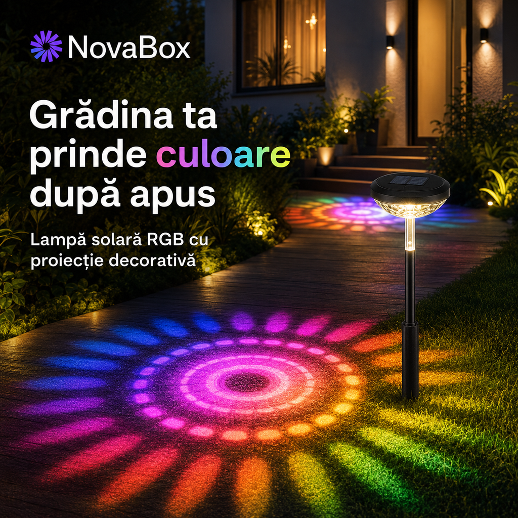 Lampă solară RGB NovaBox pentru grădină, cu proiecție decorativă și aprindere automată