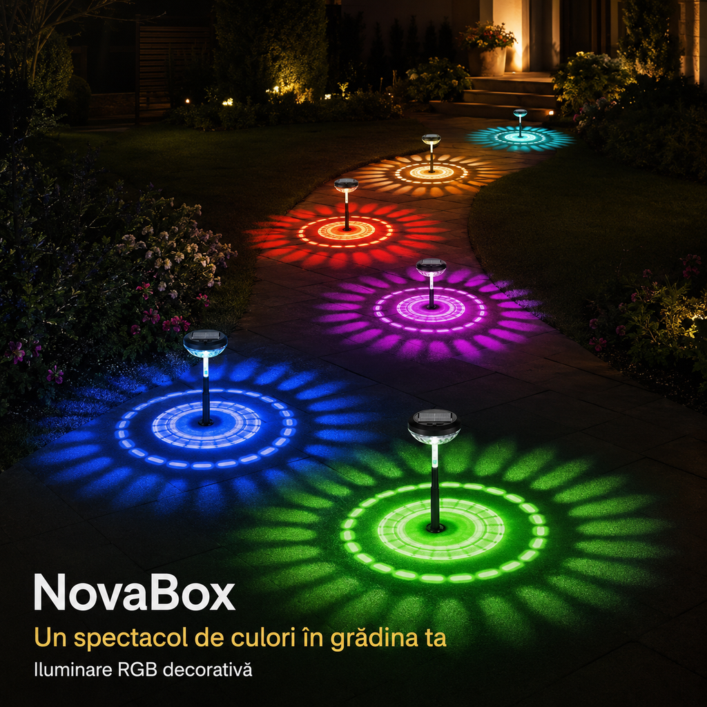 Lampă solară RGB NovaBox pentru grădină, cu proiecție decorativă și aprindere automată