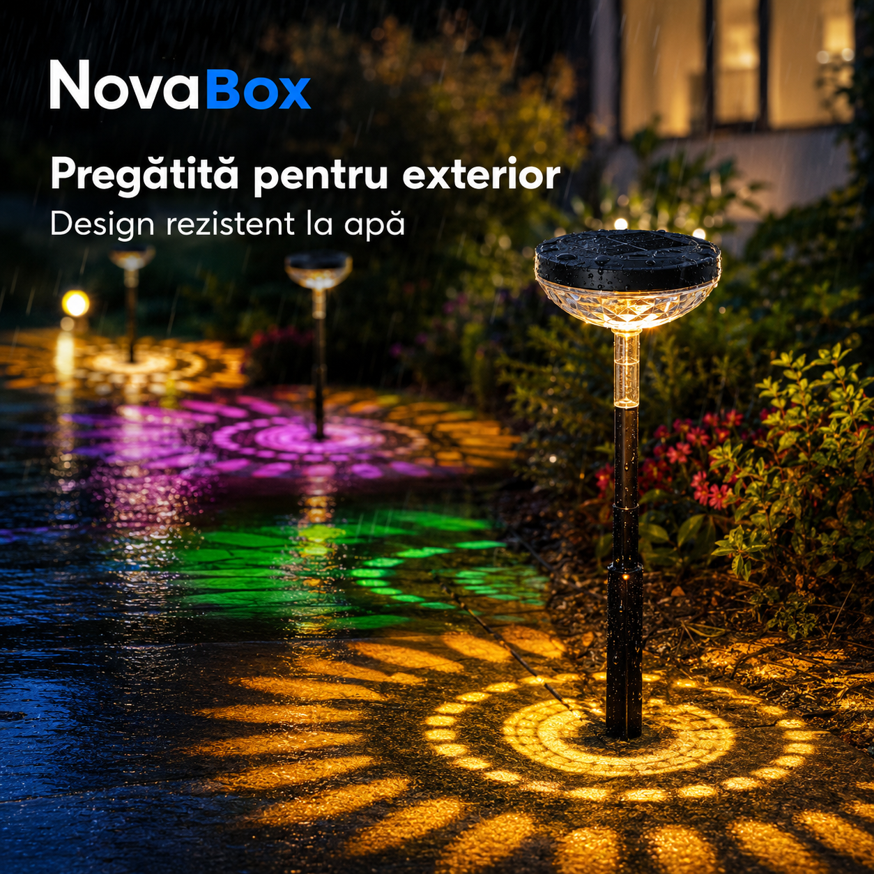 Lampă solară RGB NovaBox pentru grădină, cu proiecție decorativă și aprindere automată