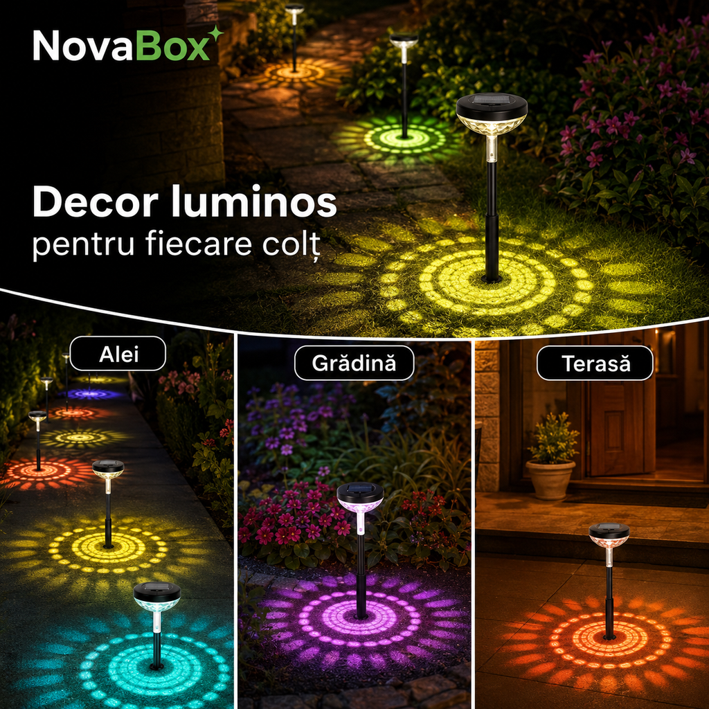 Lampă solară RGB NovaBox pentru grădină, cu proiecție decorativă și aprindere automată