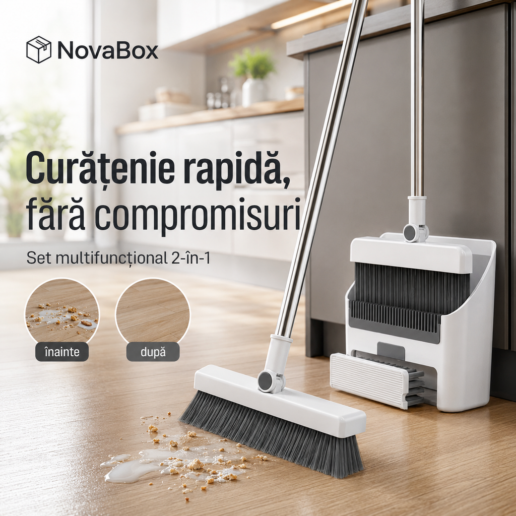 Set de curățenie multifuncțional 2-în-1 NovaBox, mătură cu racletă, mâner reglabil și suport de depozitare