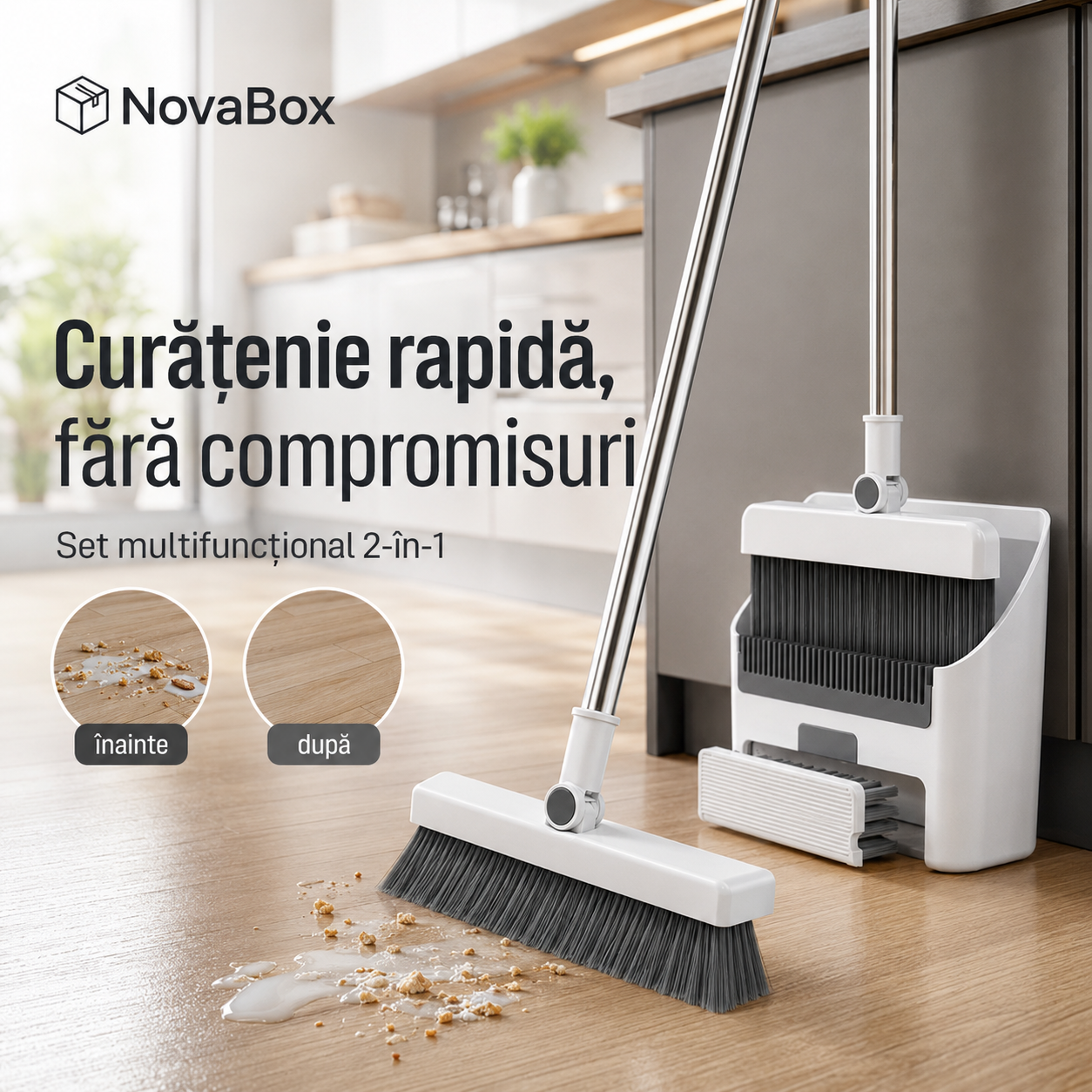 Set de curățenie multifuncțional 2-în-1 NovaBox, mătură cu racletă, mâner reglabil și suport de depozitare