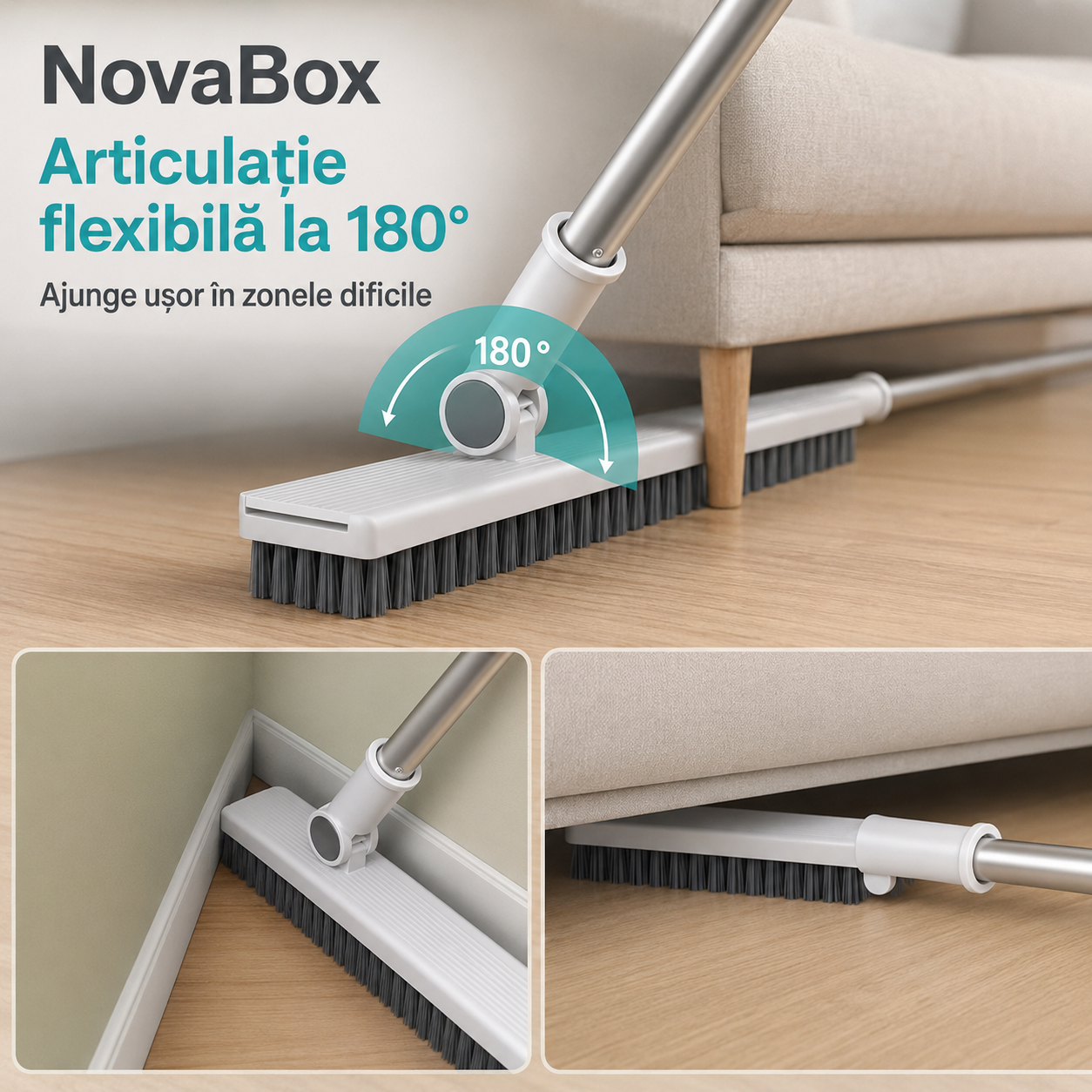 Set de curățenie multifuncțional 2-în-1 NovaBox, mătură cu racletă, mâner reglabil și suport de depozitare