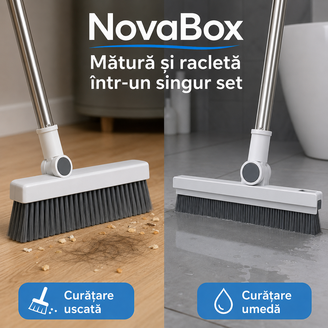 Set de curățenie multifuncțional 2-în-1 NovaBox, mătură cu racletă, mâner reglabil și suport de depozitare