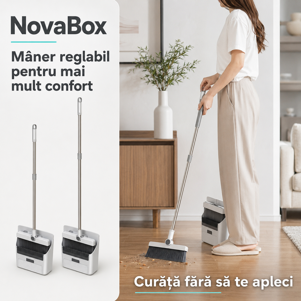 Set de curățenie multifuncțional 2-în-1 NovaBox, mătură cu racletă, mâner reglabil și suport de depozitare