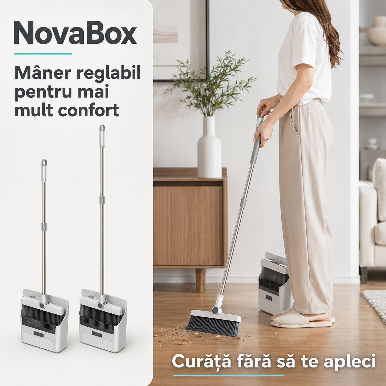 Set de curățenie multifuncțional 2-în-1 NovaBox, mătură cu racletă, mâner reglabil și suport de depozitare
