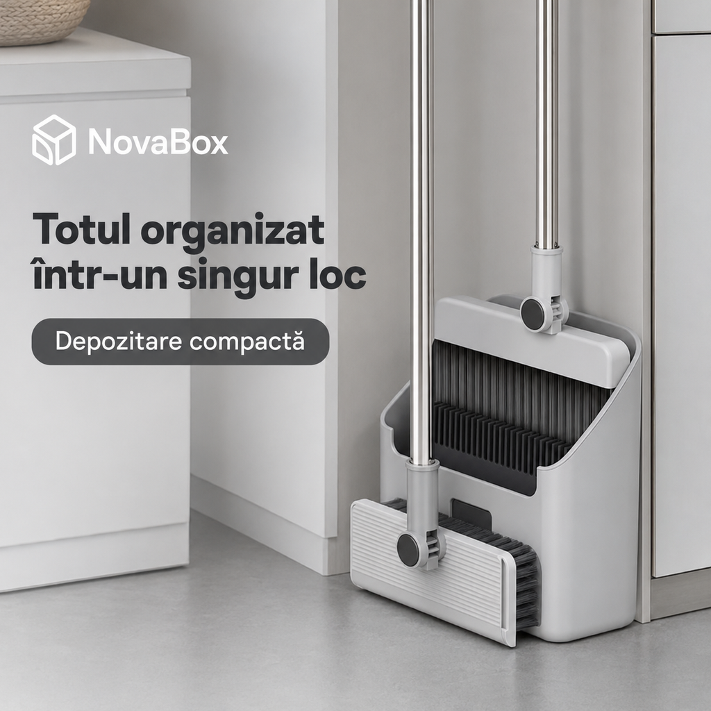 Set de curățenie multifuncțional 2-în-1 NovaBox, mătură cu racletă, mâner reglabil și suport de depozitare