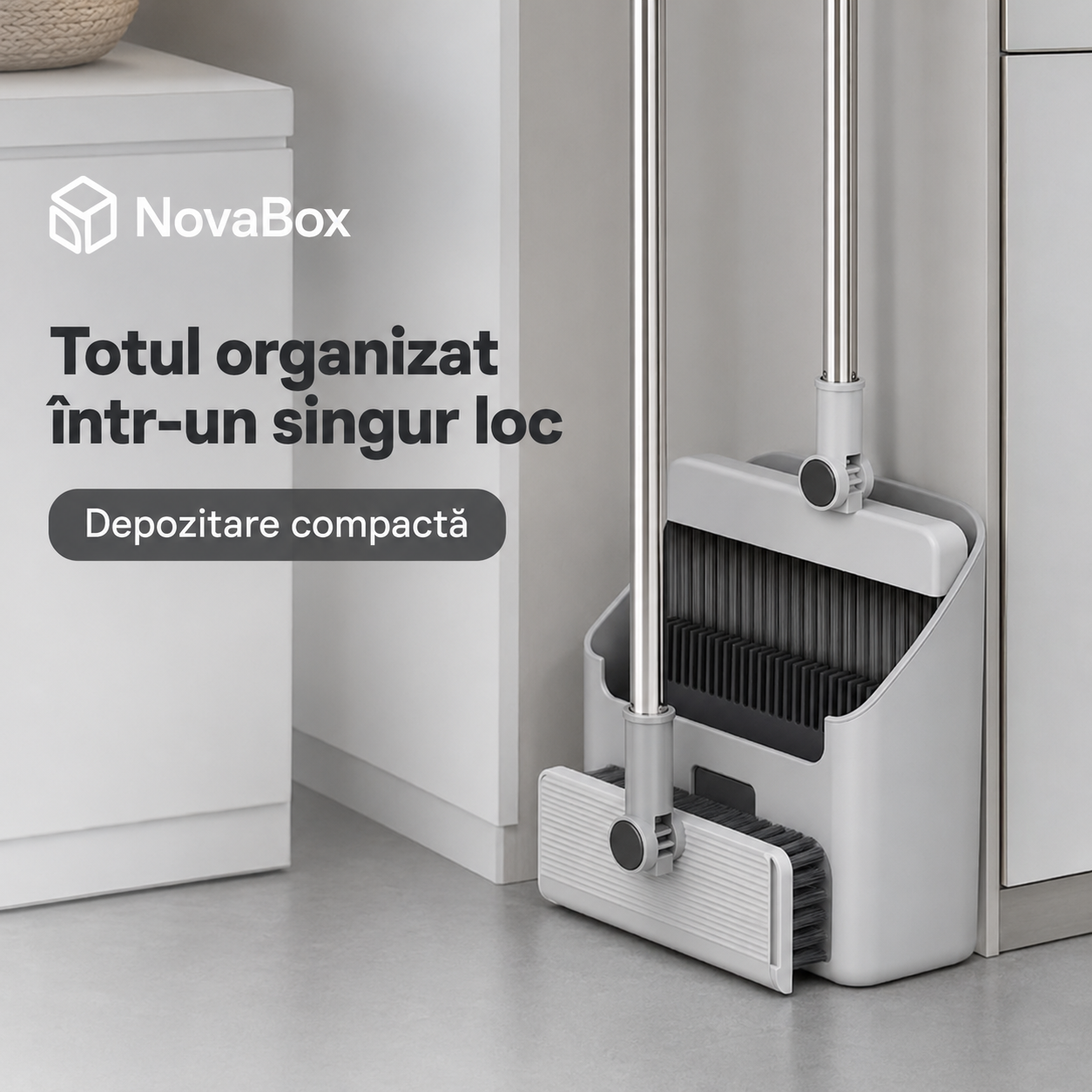 Set de curățenie multifuncțional 2-în-1 NovaBox, mătură cu racletă, mâner reglabil și suport de depozitare