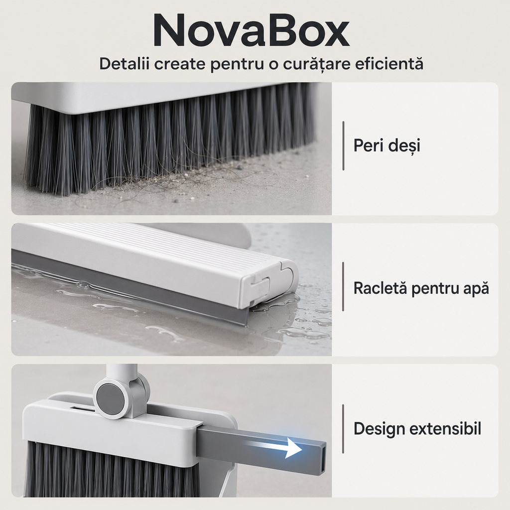 Set de curățenie multifuncțional 2-în-1 NovaBox, mătură cu racletă, mâner reglabil și suport de depozitare