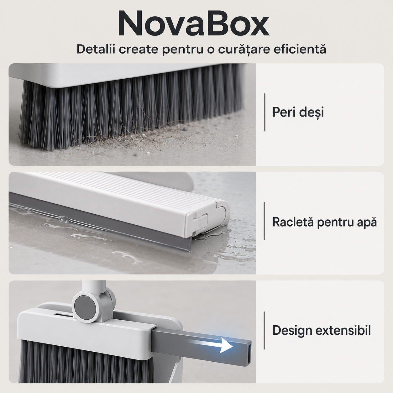 Set de curățenie multifuncțional 2-în-1 NovaBox, mătură cu racletă, mâner reglabil și suport de depozitare