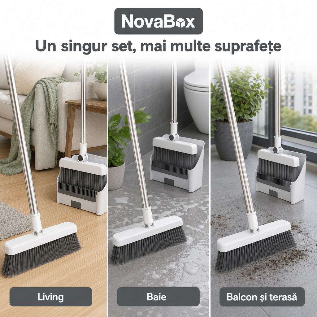 Set de curățenie multifuncțional 2-în-1 NovaBox, mătură cu racletă, mâner reglabil și suport de depozitare