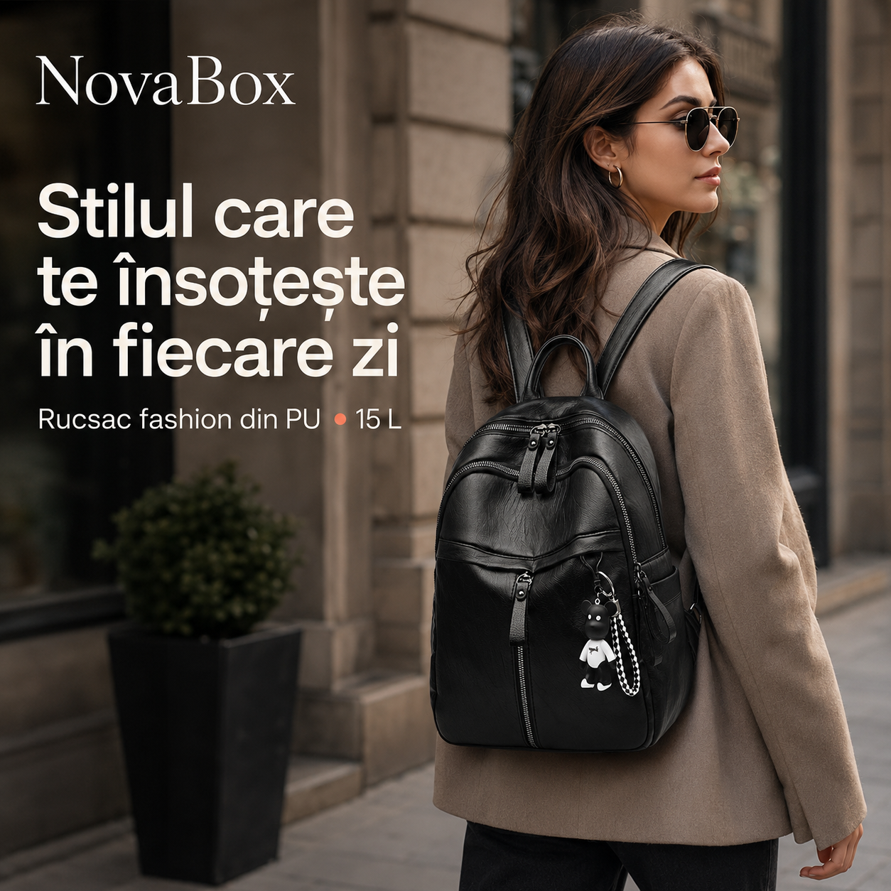 Rucsac de damă NovaBox din piele ecologică PU, rezistent la apă, capacitate 15 L, culoare neagră