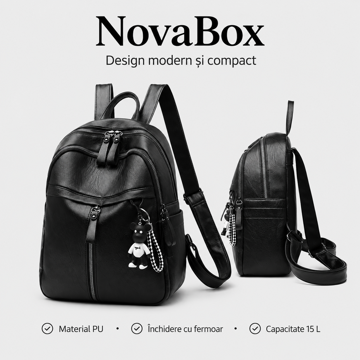 Rucsac de damă NovaBox din piele ecologică PU, rezistent la apă, capacitate 15 L, culoare neagră