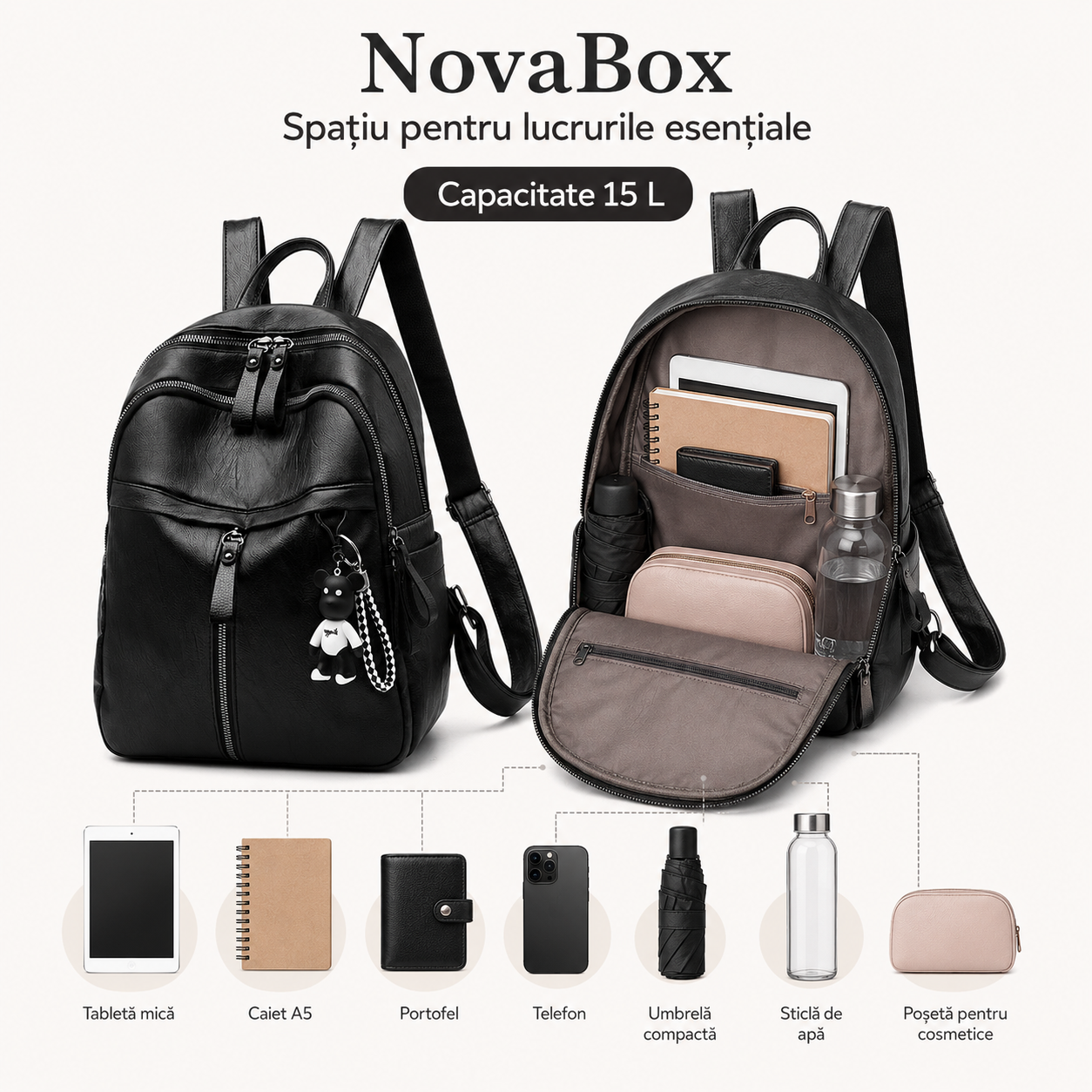 Rucsac de damă NovaBox din piele ecologică PU, rezistent la apă, capacitate 15 L, culoare neagră