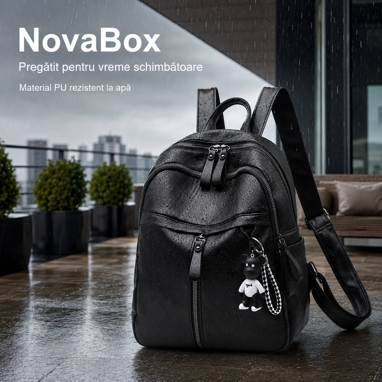 Rucsac de damă NovaBox din piele ecologică PU, rezistent la apă, capacitate 15 L, culoare neagră