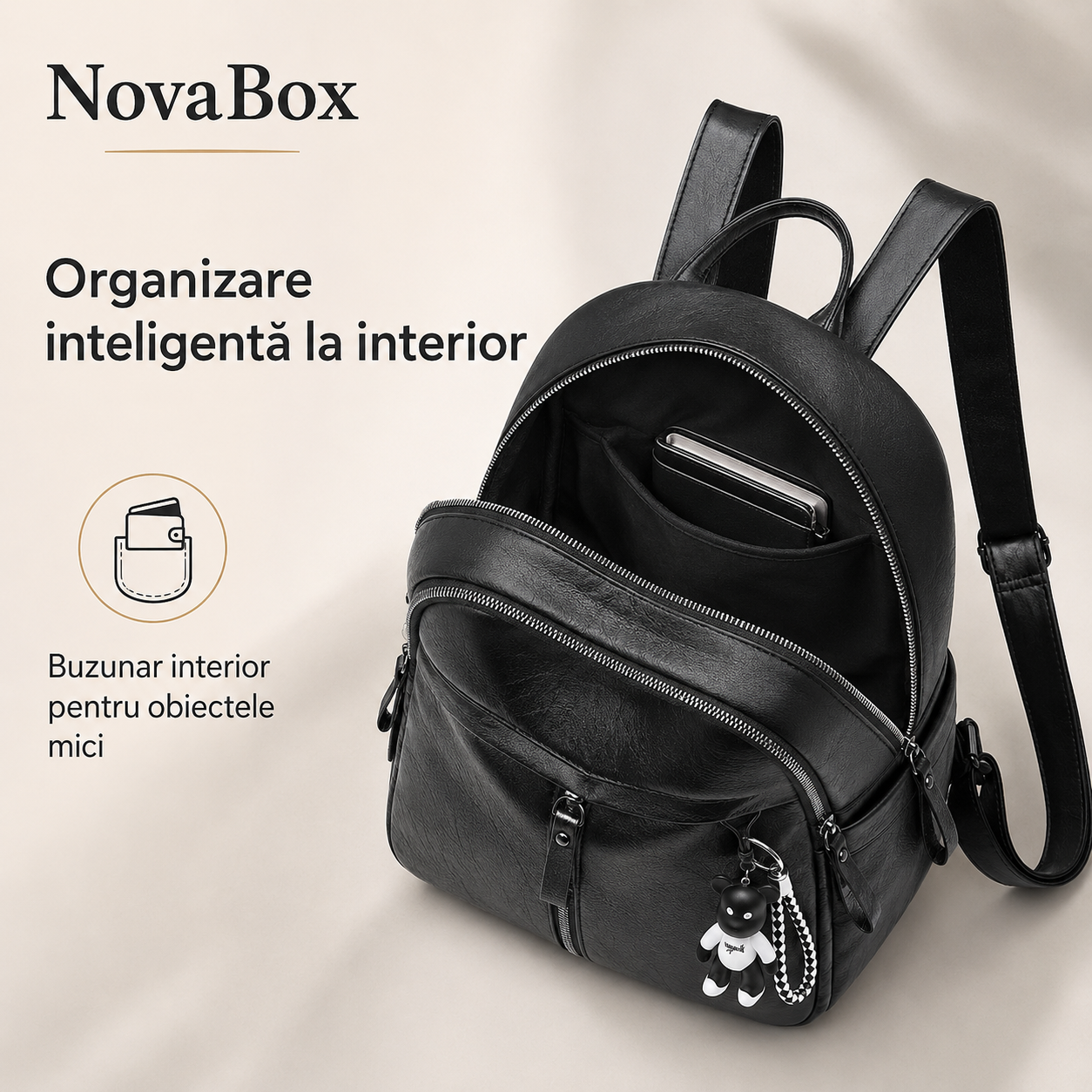 Rucsac de damă NovaBox din piele ecologică PU, rezistent la apă, capacitate 15 L, culoare neagră