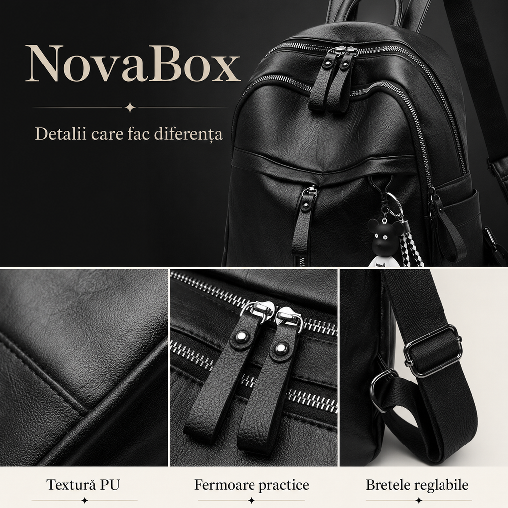 Rucsac de damă NovaBox din piele ecologică PU, rezistent la apă, capacitate 15 L, culoare neagră