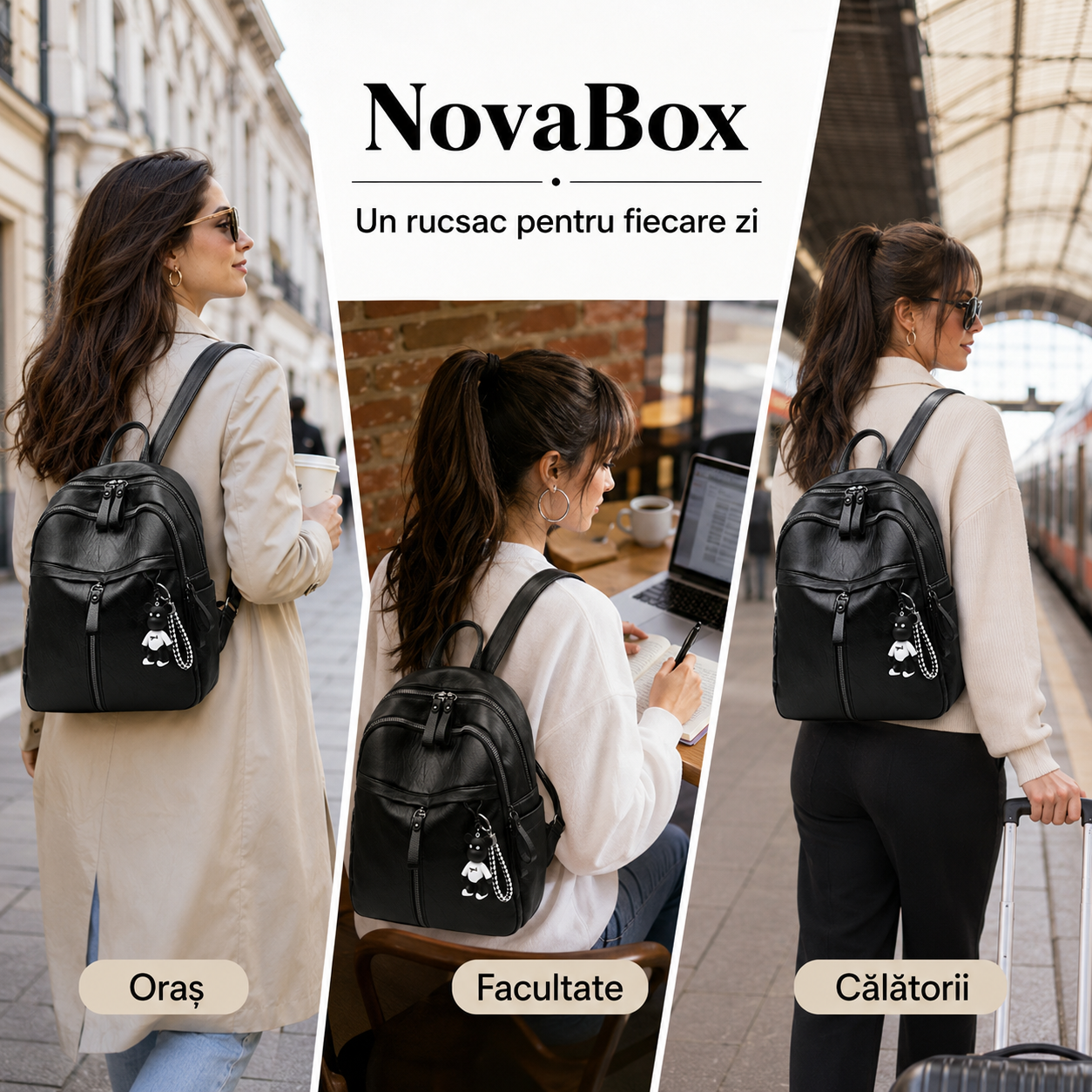 Rucsac de damă NovaBox din piele ecologică PU, rezistent la apă, capacitate 15 L, culoare neagră