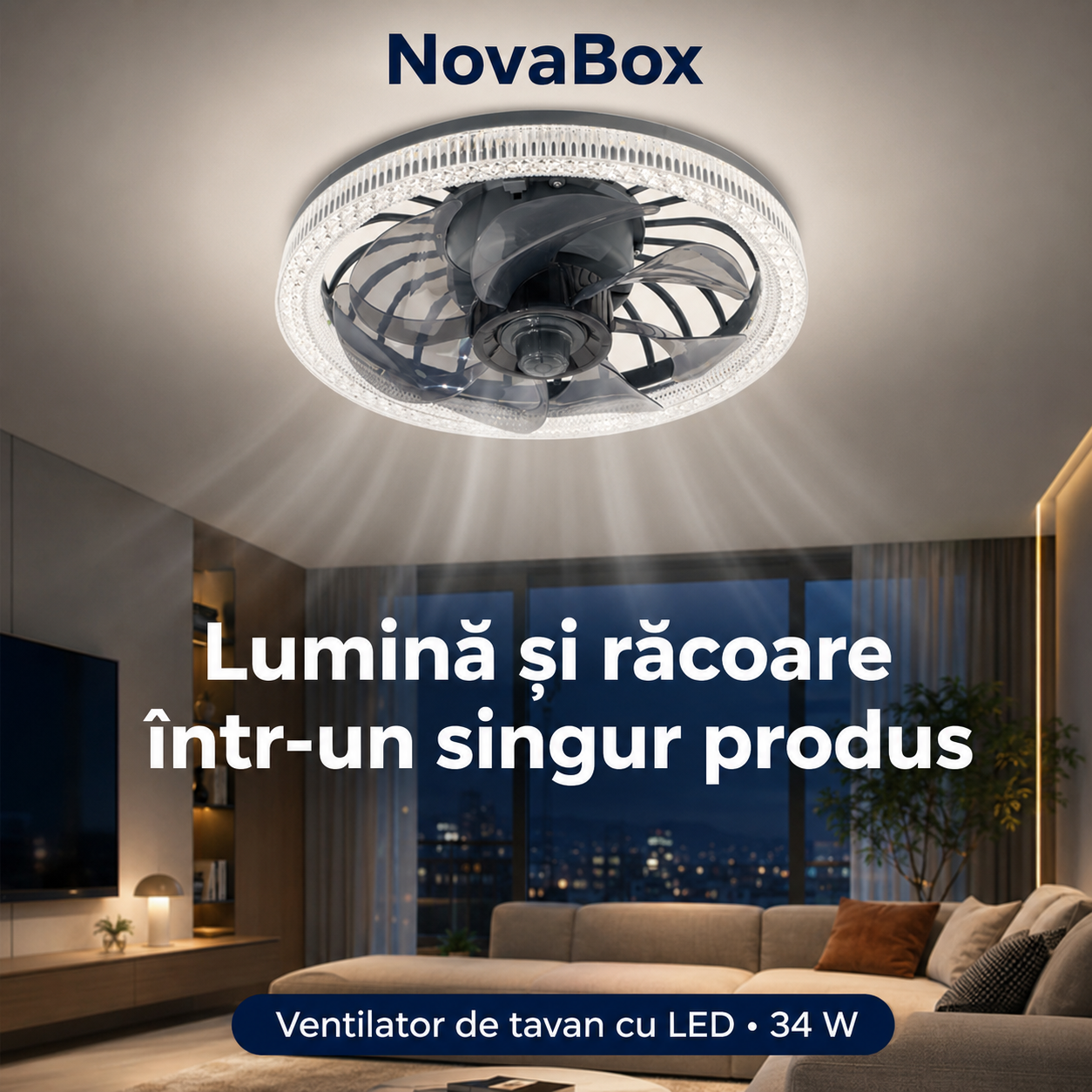 Ventilator de Tavan NovaBox cu Lumină LED 34W, Soclu E27, Telecomandă și Intensitate Reglabilă