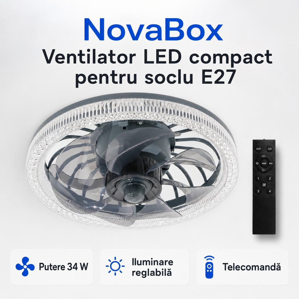 Ventilator de Tavan NovaBox cu Lumină LED 34W, Soclu E27, Telecomandă și Intensitate Reglabilă