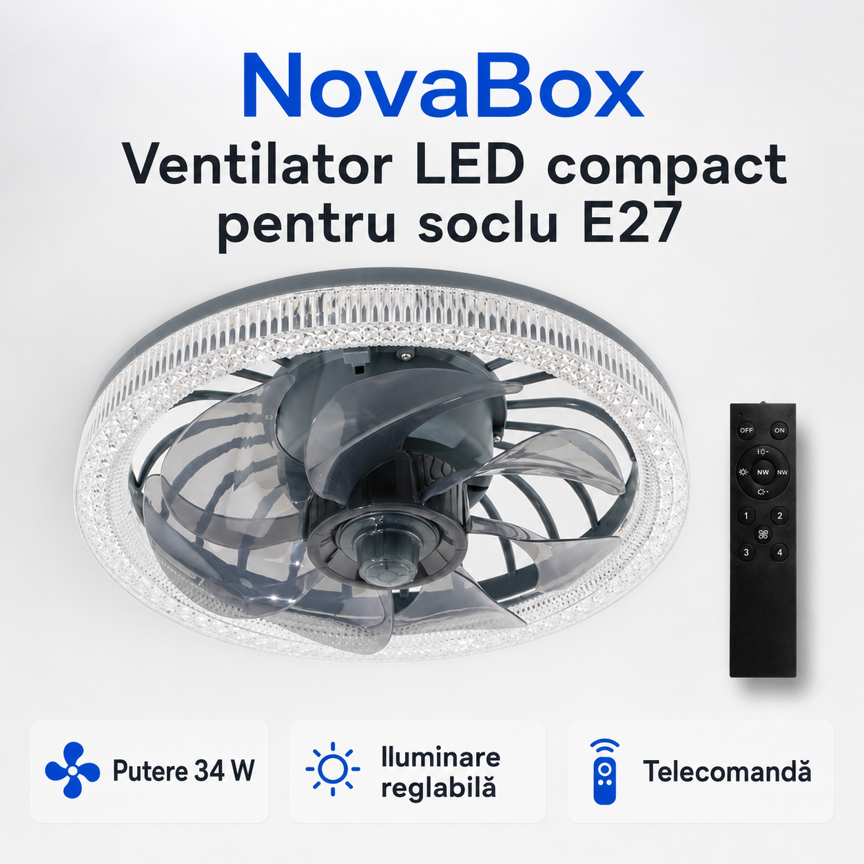 Ventilator de Tavan NovaBox cu Lumină LED 34W, Soclu E27, Telecomandă și Intensitate Reglabilă