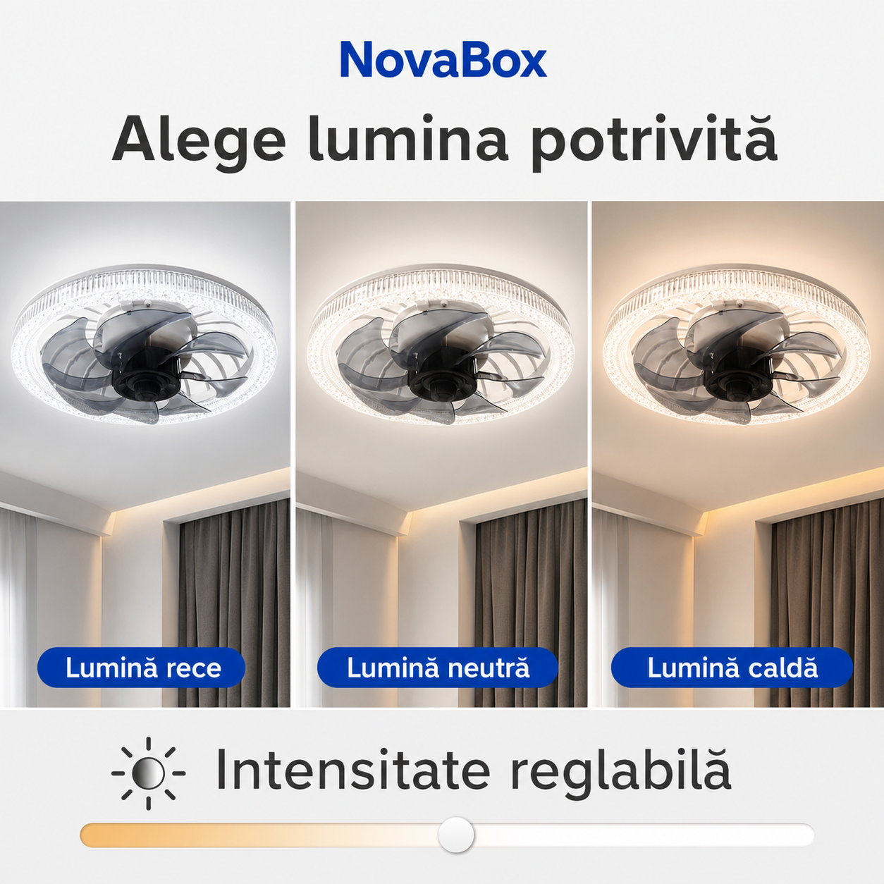 Ventilator de Tavan NovaBox cu Lumină LED 34W, Soclu E27, Telecomandă și Intensitate Reglabilă