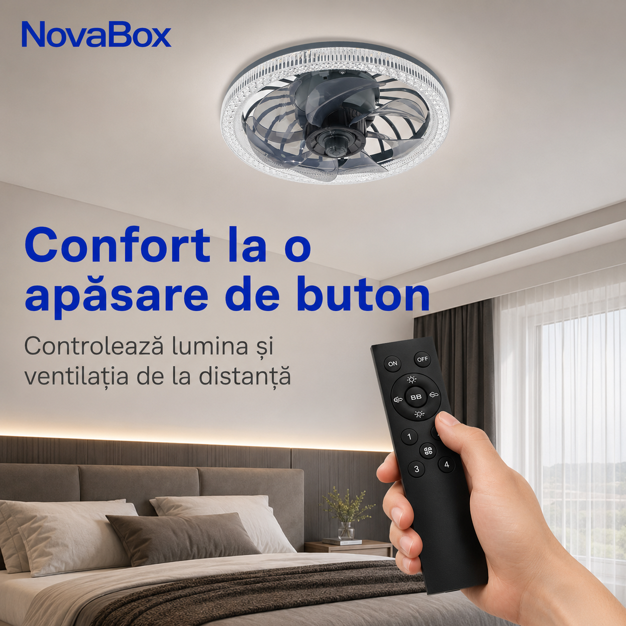Ventilator de Tavan NovaBox cu Lumină LED 34W, Soclu E27, Telecomandă și Intensitate Reglabilă