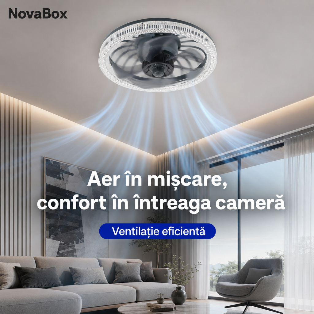 Ventilator de Tavan NovaBox cu Lumină LED 34W, Soclu E27, Telecomandă și Intensitate Reglabilă