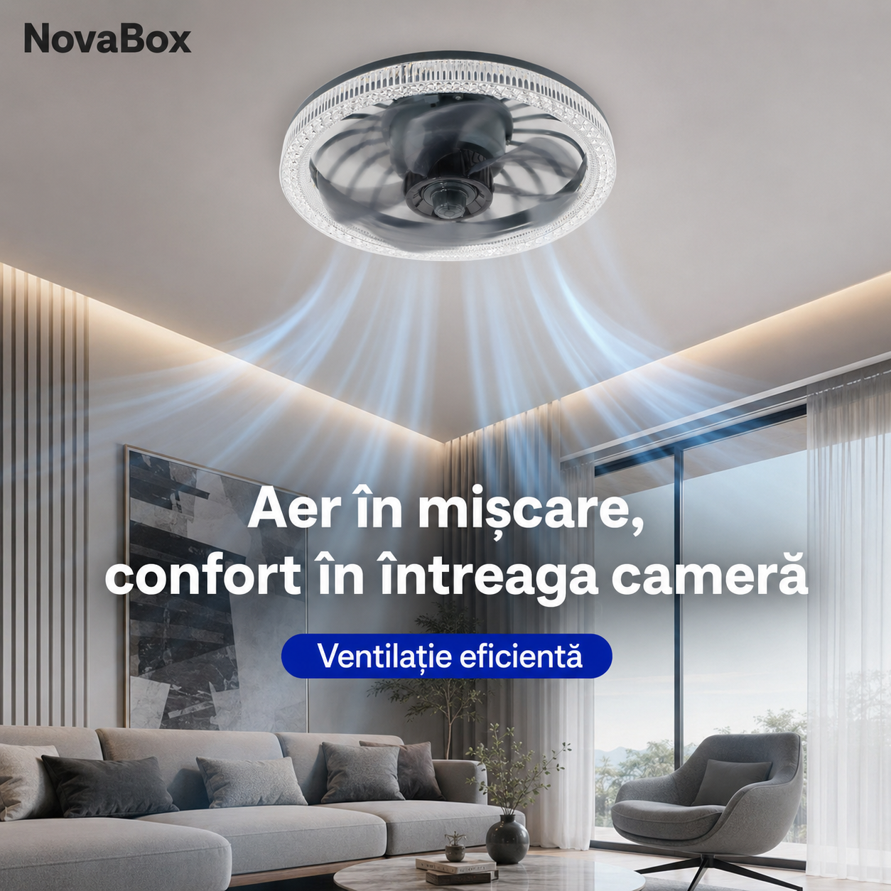 Ventilator de Tavan NovaBox cu Lumină LED 34W, Soclu E27, Telecomandă și Intensitate Reglabilă