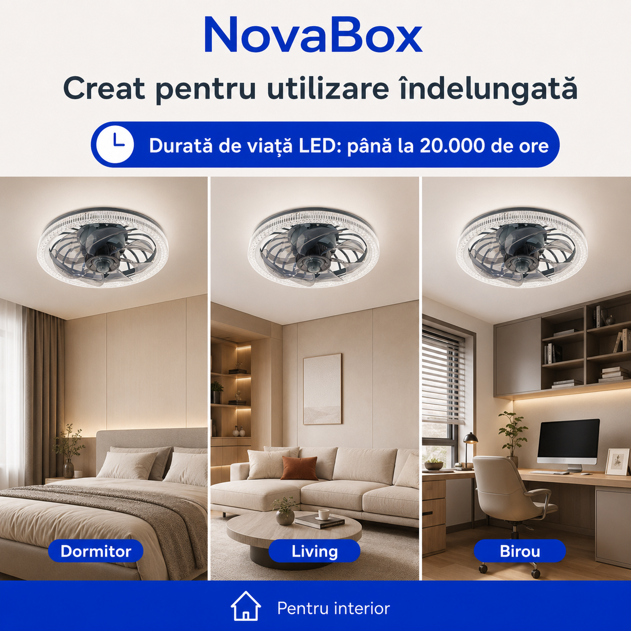 Ventilator de Tavan NovaBox cu Lumină LED 34W, Soclu E27, Telecomandă și Intensitate Reglabilă