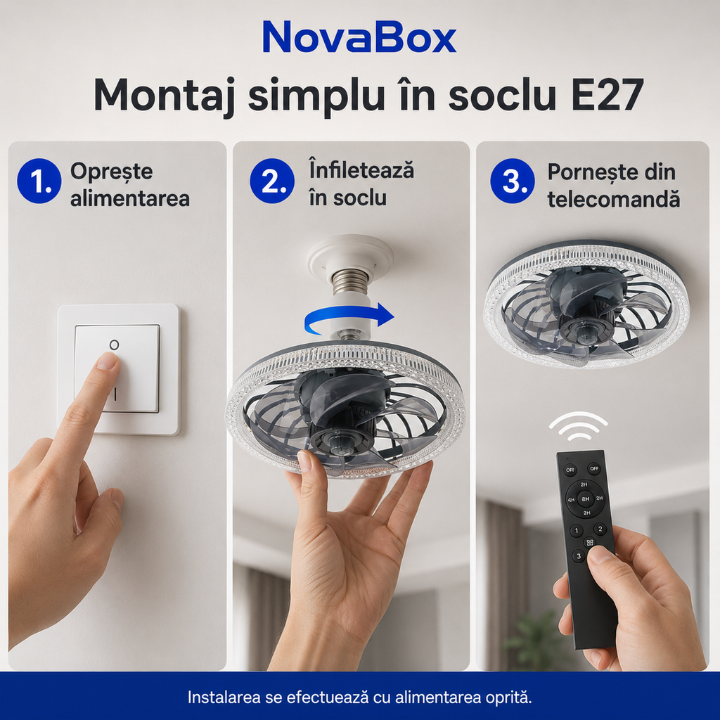 Ventilator de Tavan NovaBox cu Lumină LED 34W, Soclu E27, Telecomandă și Intensitate Reglabilă