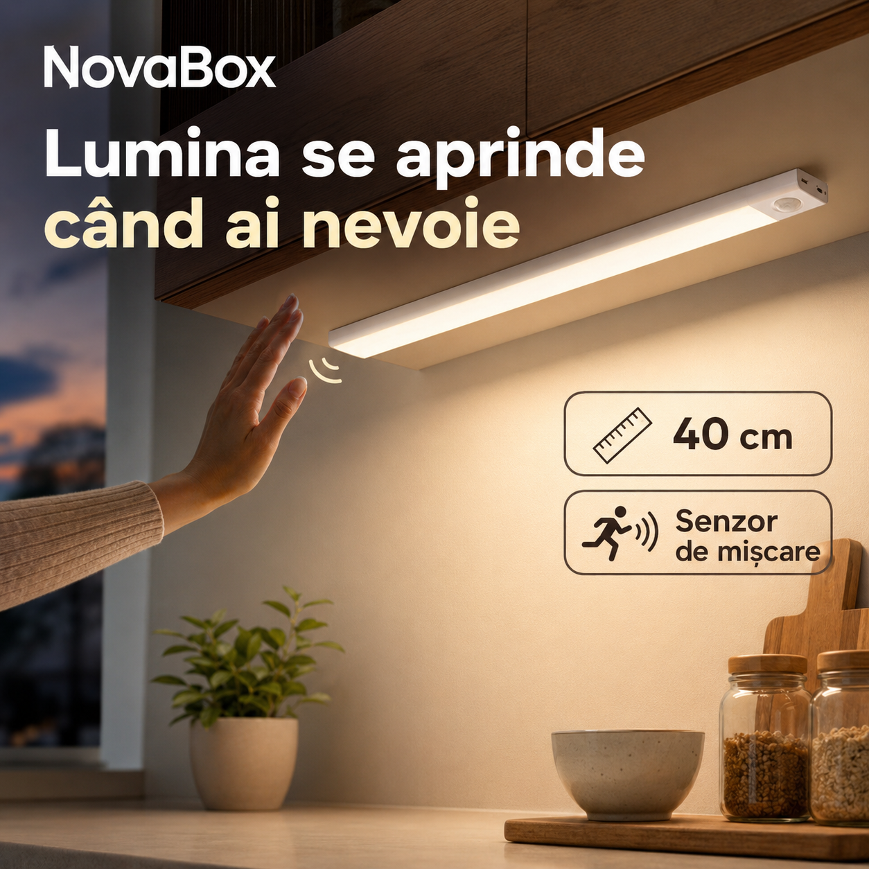 Lampă LED inteligentă NovaBox pentru mobilier, 40 cm, senzor de mișcare, 3 nuanțe și încărcare USB
